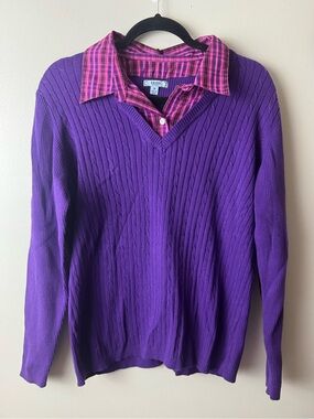 Izod Purple Cable Knit Sweater with Pink Plaid Collar Detail 1XL